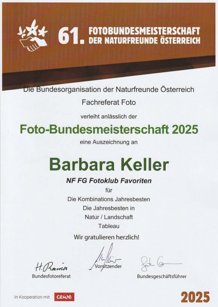 Urkunde für Barbara Keller zur Foto-Bundesmeisterschaft 2025 der Naturfreunde Österreich